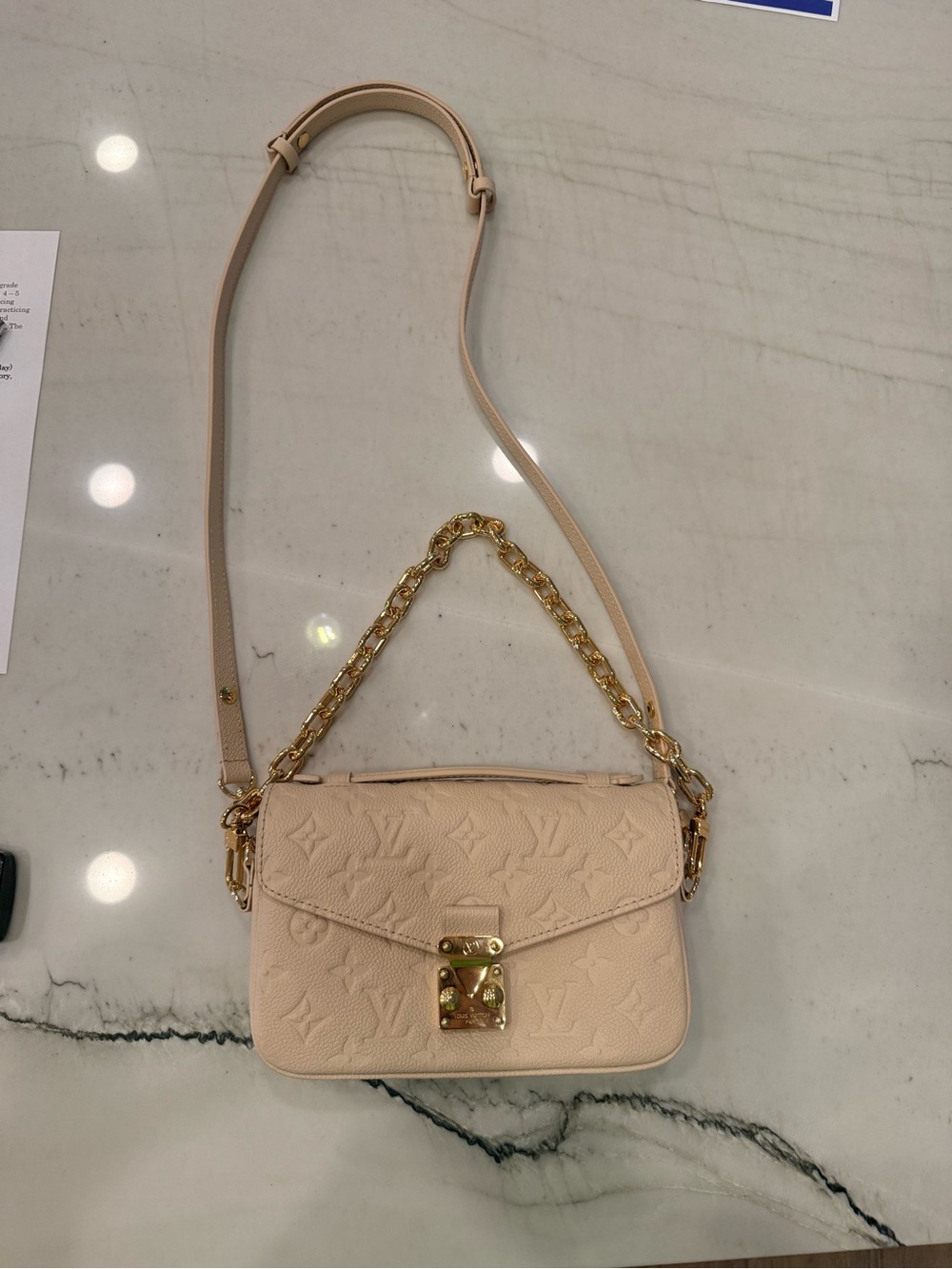 Beige Embossed Leather Crossbody Bag with Gold Chain - Picture 2 of 6